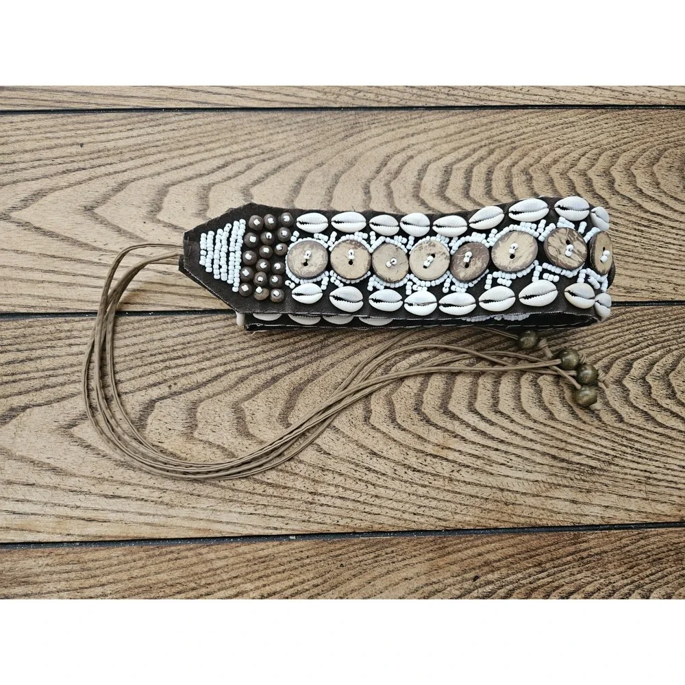Boho Cowrie Shell Wooden Disc Tie Belt Festival Coastal Western Y2K Aesthetic